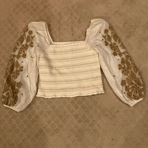Anthropologie Smocked Cream Top with Tan Floral Embroidered Puff Sleeves XS